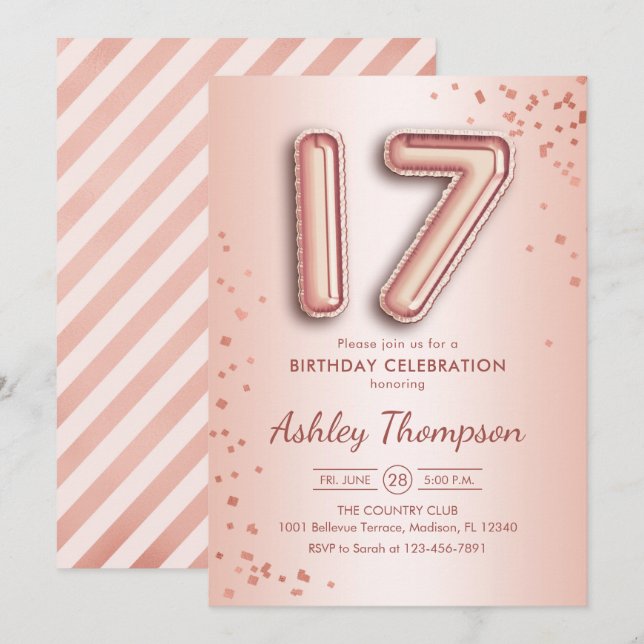 Invitación 17.º cumpleaños - Globos de oro Rosas (Anverso / Reverso)