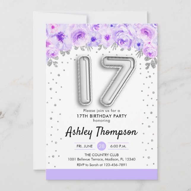 Invitación 17.º cumpleaños - Morado de globos plateados (Anverso)