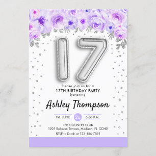 Invitación 17.º cumpleaños - Morado de globos plateados