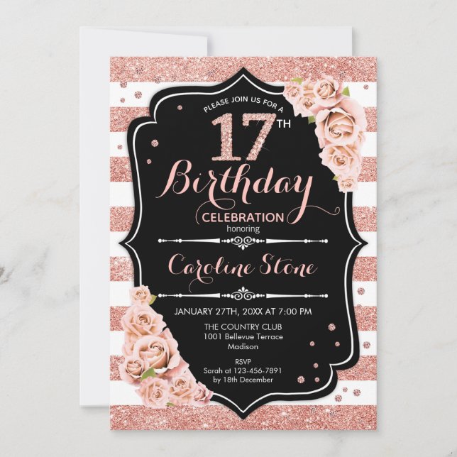 Invitación 17.º cumpleaños Rosa negro de oro y franjas blanca (Anverso)