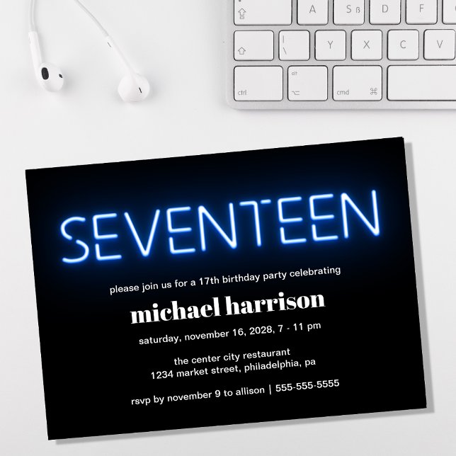 Invitación 17.º Fiesta de las luces de neón azules de cumplea (Subido por el creador)