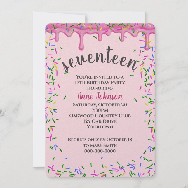 Invitación 17.º Nacimiento De Hielo Rosa Y Espolvorines (Anverso)