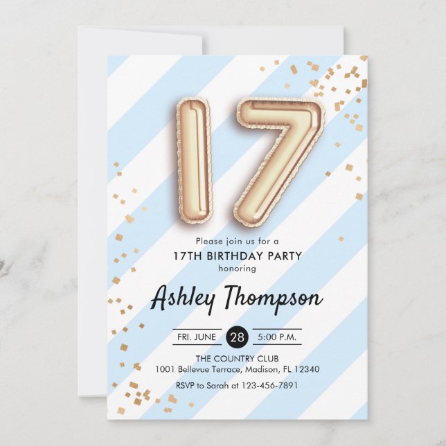 Invitación 17 Aniversario - Bandas azules y globos de oro (Anverso)