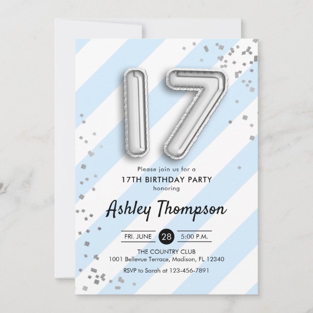 Invitación 17 Aniversario - Bandas azules y globos plateados (Anverso)