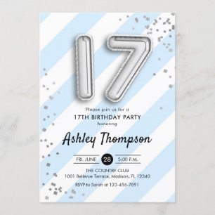Invitación 17 Aniversario - Bandas azules y globos plateados