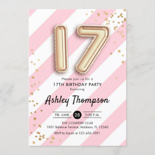 Invitación 17 Aniversario - Bandas rosadas y globos de oro