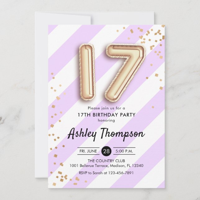 Invitación 17 Aniversario - Filas moradas y globos de oro (Anverso)