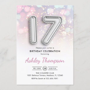 Invitación 17 Aniversario - Luces rosadas de globos plateados