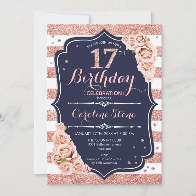 Invitación 17 Aniversario - Rosa de la Marina con franjas dor (Anverso)