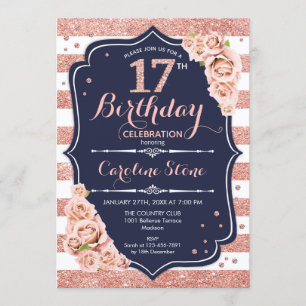 Invitación 17 Aniversario - Rosa de la Marina con franjas dor