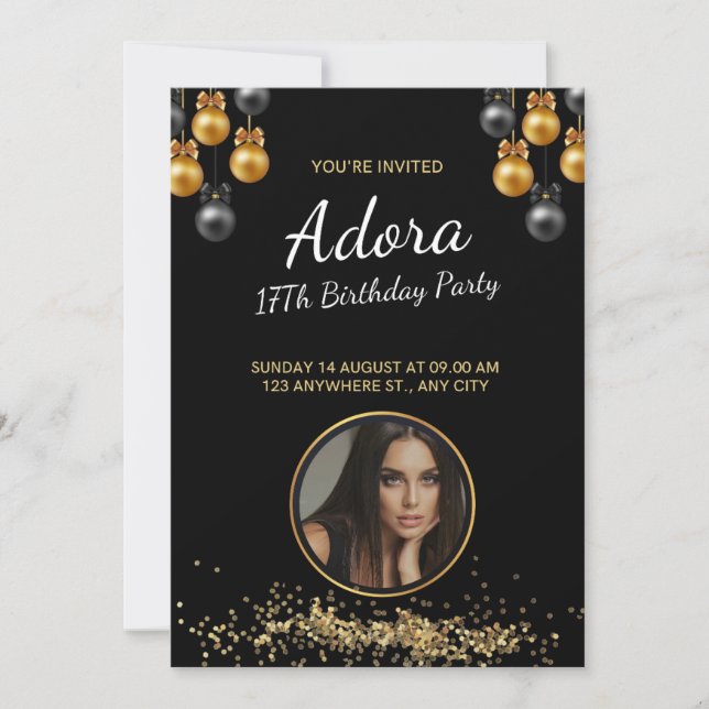 INVITACIÓN 17 CUMPLEAÑOS ELEGANTE Y MODERNO NEGRO CON BALLÓN (Anverso)