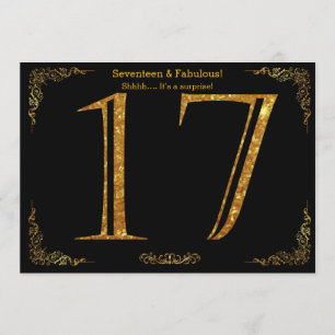Invitación 17 cumpleaños, Gatsby styl, purpurina de oro negro