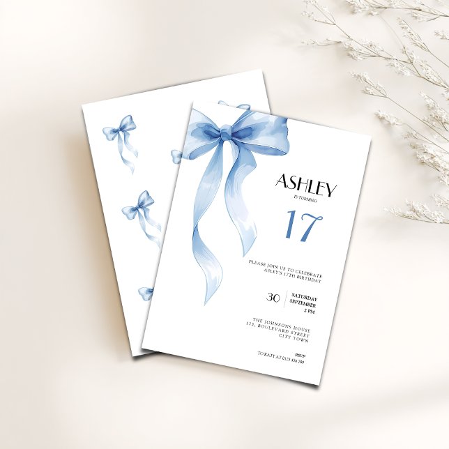 Invitación 17th Birthday Invitation Blue Bow for Girls (Blue bow coquette 17th birthday invitation for girls)