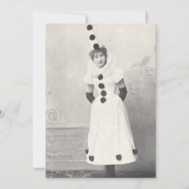 Invitación 1898 Mujer en traje de payaso, fotografía antigua (Anverso)