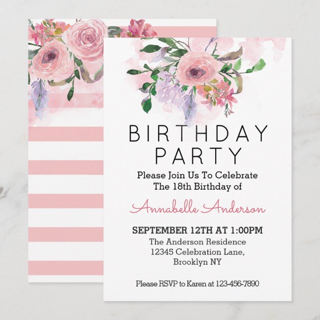Invitación 18.ª acuarela floral Rubor Peach Peach Pink (Anverso / Reverso)