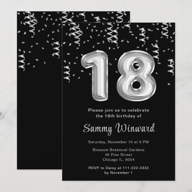 Invitación 18.ª festividad de globos de plata con confetti (Anverso / Reverso)