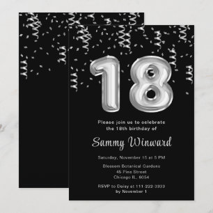 Invitación 18.ª festividad de globos de plata con confetti