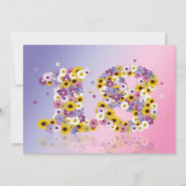 Invitación 18.ª fiesta de cumpleaños, con letras con flores (Anverso)