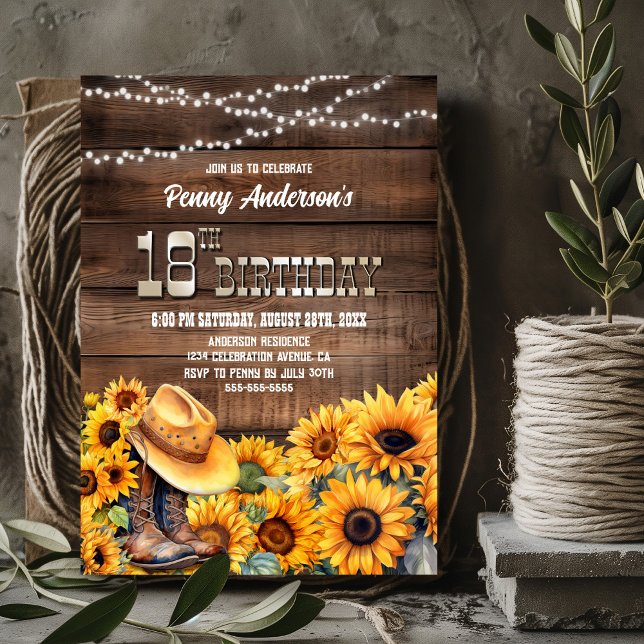 Invitación 18.ª fiesta de cumpleaños Girasol de madera rústic (Subido por el creador)