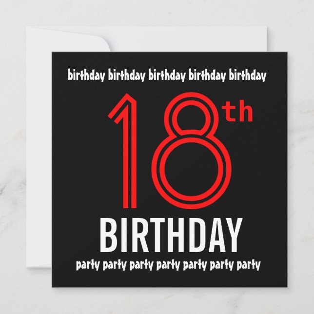 Invitación 18.ª fiesta de cumpleaños, moderno rojo y negro (Anverso)