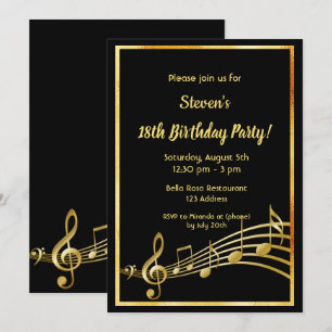Invitación 18.ª fiesta de cumpleaños notas de música en negro