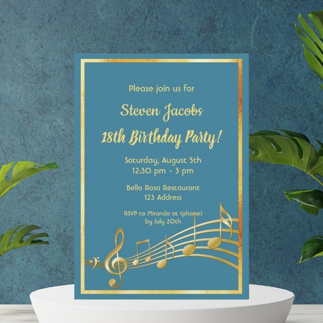Invitación 18.ª fiesta de cumpleaños notas de oro azul verde  (Subido por el creador)