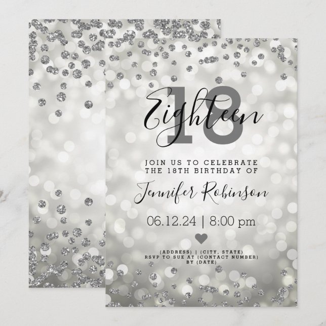 Invitación 18.ª fiesta de cumpleaños Purpurina Silver Glam (Anverso / Reverso)