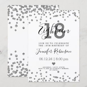 Invitación 18.ª Fiesta de Cumpleaños Silver Glam Purpurina Co