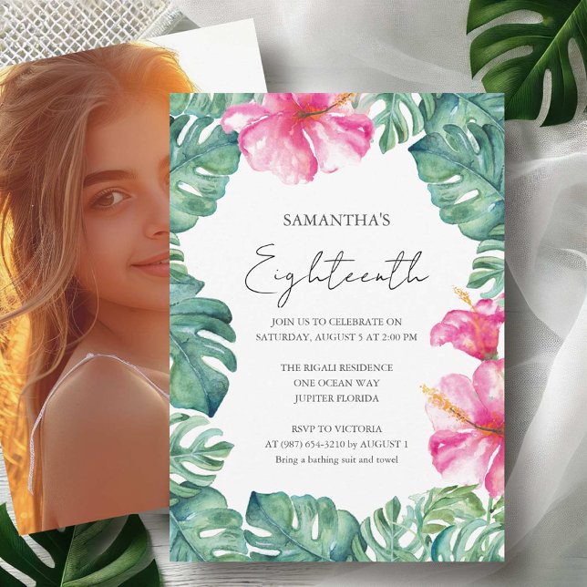 Invitación 18.ª Fiesta de Cumpleaños Tema Tropical Aloha (Eighteenth birthday invitations with photo watercolor pink flowers & palm leaf Victoria Grigaliunas)