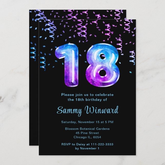 Invitación 18.ª galaxia de cumpleaños con confetti (Anverso / Reverso)