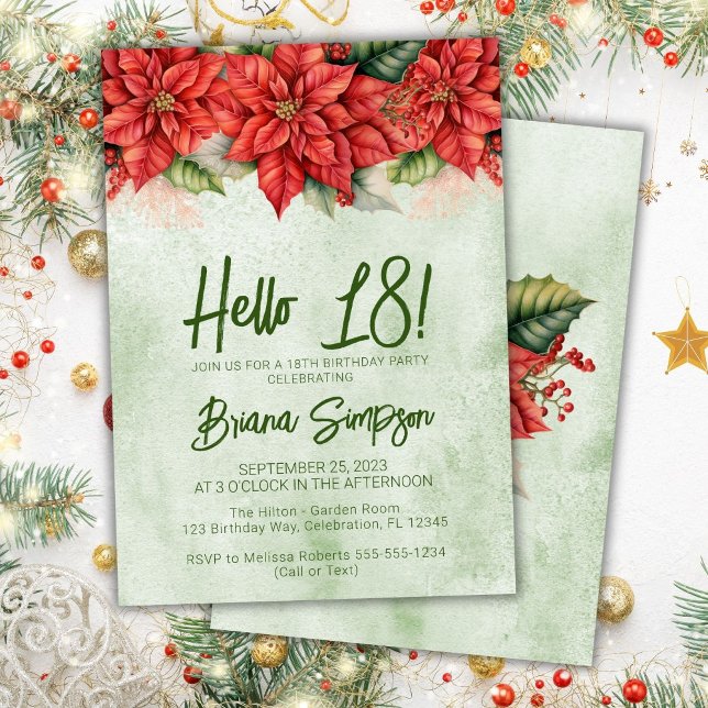 Invitación 18.ª Navidad de la fiesta de cumpleaños Poinsettia (Subido por el creador)