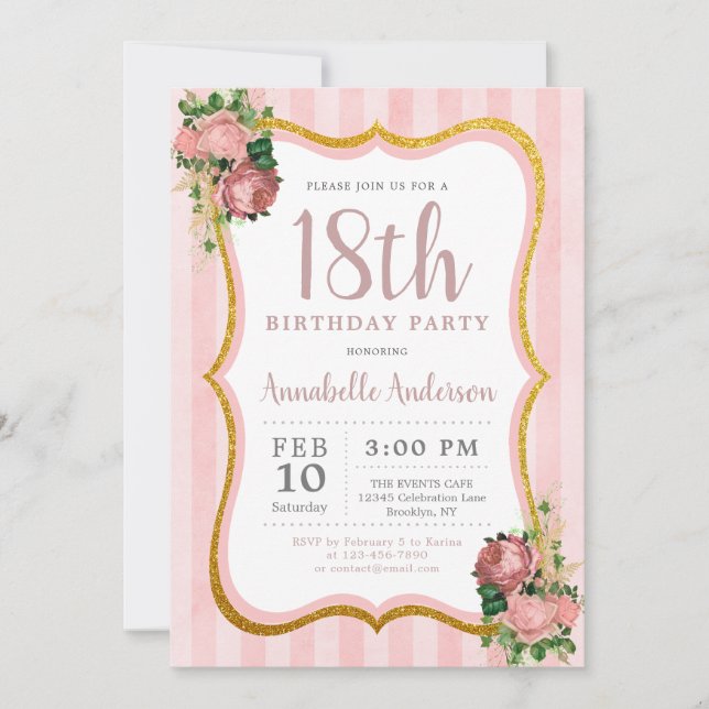 Invitación 18.ª Purpurina de oro floral de banda rosa (Anverso)