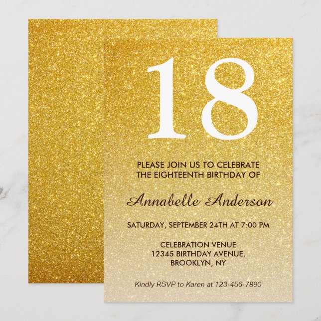 Invitación 18.ª Purpurina Ombre Amarillo Glam (Anverso / Reverso)