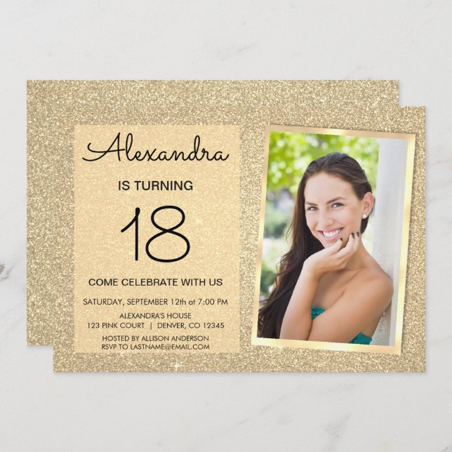 Invitación 18.ª Purpurina Sparkle Luxury Gold Photo (Anverso / Reverso)