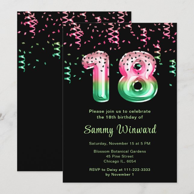 Invitación 18.ª sandía de cumpleaños con Confetti (Anverso / Reverso)