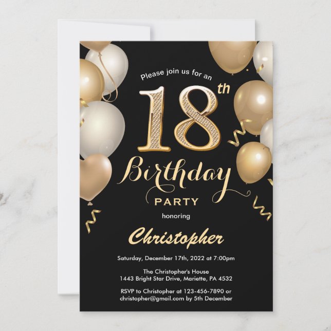 Invitación 18.º Confetti de Globos de Oro y Negro (Anverso)