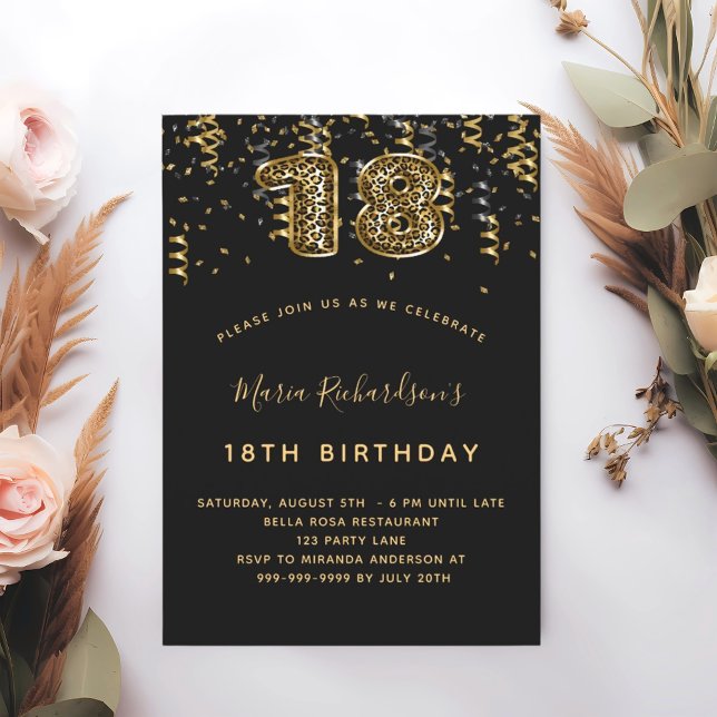 Invitación 18.º confetti de papel de leopardo de oro negro (Subido por el creador)