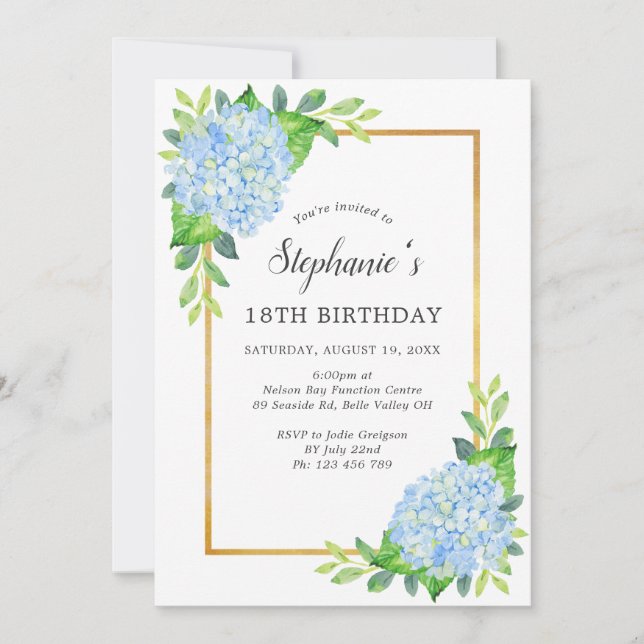 Invitación 18.º cumpleaños de la frontera azul Hydrangea (Anverso)