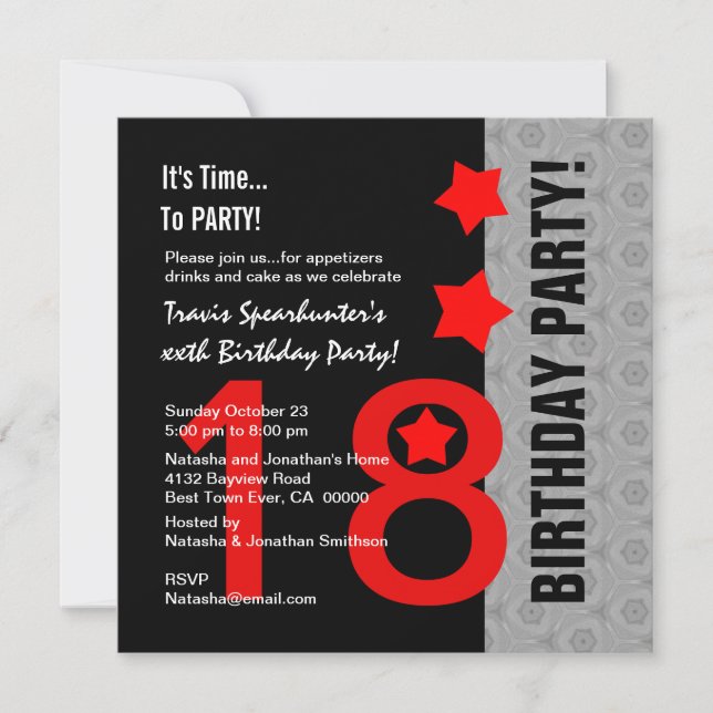 Invitación 18.º cumpleaños Estrella Roja Moderna Plata Negra  (Anverso)