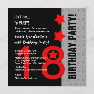 Invitación 18.º cumpleaños Estrella Roja Moderna Plata Negra 