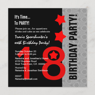 Invitación 18.º cumpleaños Estrella Roja Moderna Plata Negra 