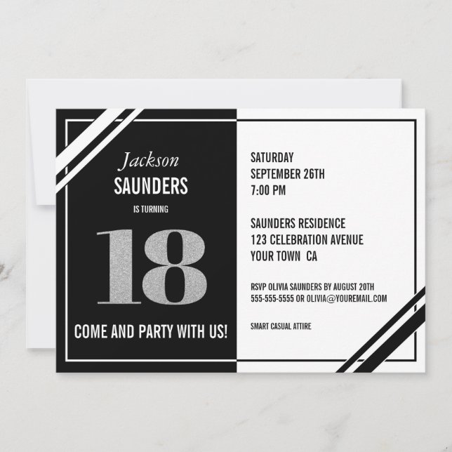 Invitación 18.º cumpleaños Fiesta blanco y negro moderno (Anverso)