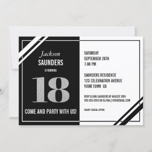 Invitación 18.º cumpleaños Fiesta blanco y negro moderno
