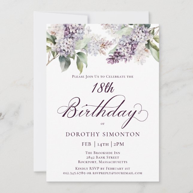 Invitación 18.º cumpleaños Flor Lilac Purple Spring (Anverso)