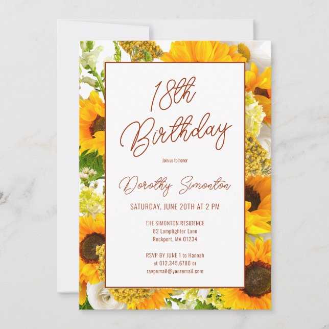 Invitación 18.º cumpleaños Floral de girasol moderno (Anverso)