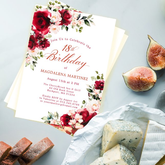 Invitación 18.º cumpleaños Floral de peonía rosa rosa rojo (Subido por el creador)