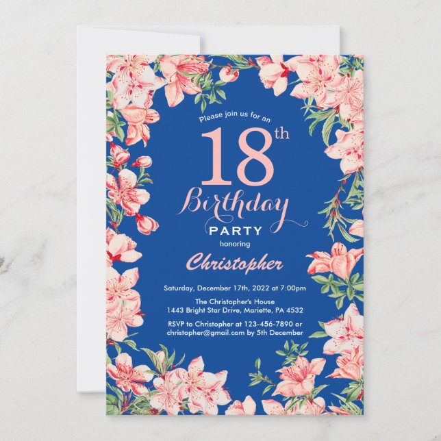 Invitación 18.º cumpleaños Flores Florales Rosa Azul (Anverso)
