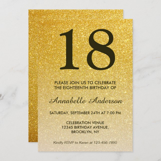 Invitación 18.º cumpleaños Glam Purpurina Ombre Negro (Anverso / Reverso)