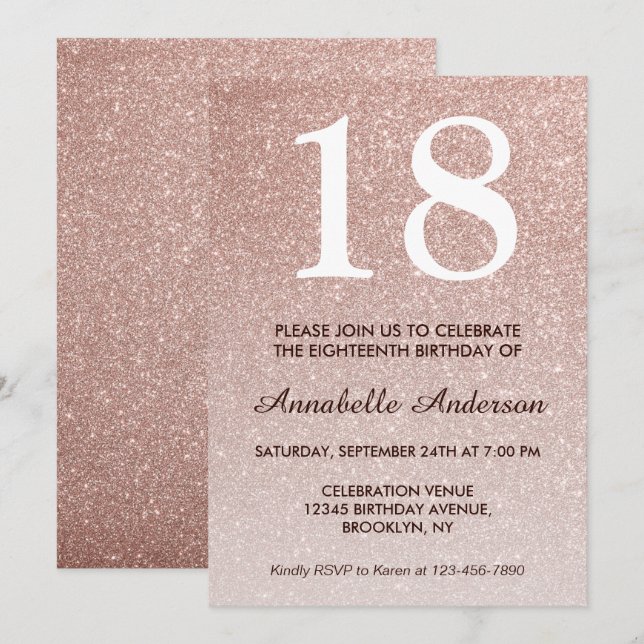 Invitación 18.º cumpleaños Glam Rosa Rosa Purpurina Ombre (Anverso / Reverso)