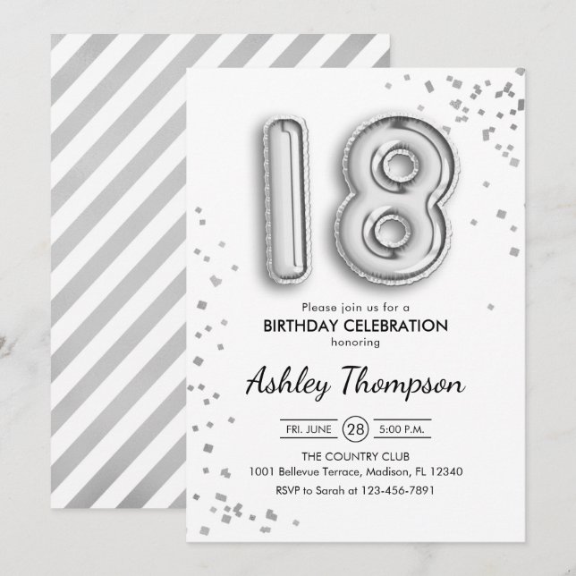 Invitación 18.º cumpleaños - Globos plateados (Anverso / Reverso)